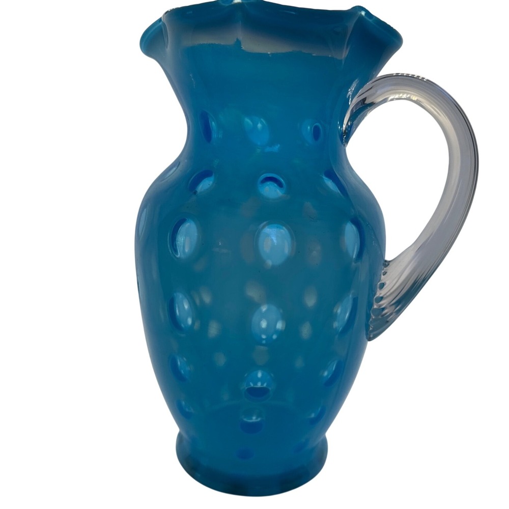Vintage Fenton Blue Opalescent Coindot Glass Pitcher Ruffled Rim Clear Handle